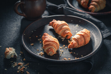 Traditionally croissants with melting chocolate. Popular sweet snack.
