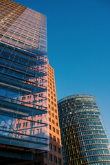 Upward view to high-rise buildings at Potsdamer Platz in Berlin.