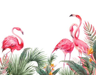 Tropical wallpaper design. Illustration with  exotic leaves and flamingos. Pink birds and jungle flora isolated on white background.