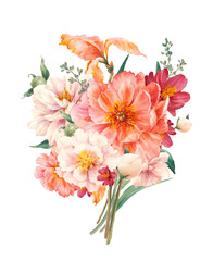 Watercolor bouquet of pink flowers. Hand painted botanical illustration with leaves, roses flowers, peonies, fern branches isolated on white background. Floral artwork
