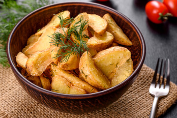 Tasty baked potatoes in a rustic way with spices and herbs in a brown deep plate
