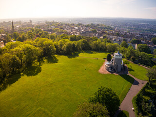 Aerial view of Clifton observatory from a drone overlooking bristol town