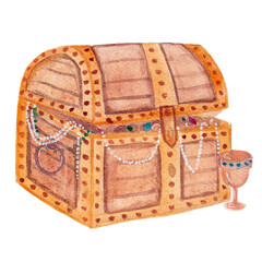 Children's illustration, pirate treasure chest is made by watercolor, bright illustration is isolated on a white background, painting for kids products 