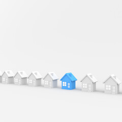 Blue house among white houses, on white background. Hunting and searching concept. 3D Rendering