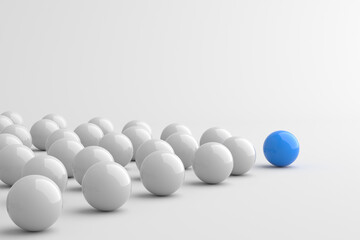Leadership concept, blue leader ball, standing out from the crowd of white balls. 3D Rendering