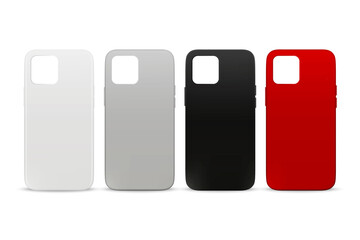 Vector 3d Realistic White, Gray, Black, Red Blank Phone Case Design Template. Back Cover for Smartphone Set Isolated on White Background. Mockup. Front View