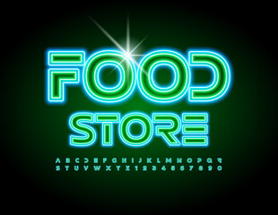 Vector neon emblem Food Store. Glowing bright Font. Glowing light Alphabet Letters and Numbers set