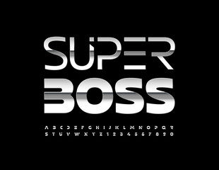 Vector business emblem Super Boss. Set of steel Alphabet Letters and Numbers. Glossy metallic Font