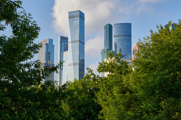 Moscow International Business Center Moscow City. View through the thickets from the embankment of the Moskva River