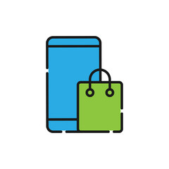 Shopping Bag with mobile phone icon Vector Design. Shopping Bag icon with smartphone design concept for e-commerce, online store and marketplace website, mobile, logo, symbol, button, sign, app UI