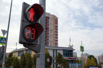 Pedestrian traffic light on a motor road in the city.