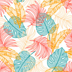 Fototapeta na wymiar Exotic seamless tropical pattern with colorful plants and leaves on a delicate background. Beautiful exotic plants. Printing and textiles. Vector design. Jungle print. Floral background.