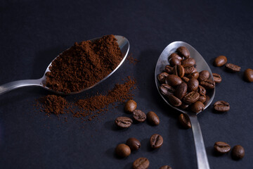 coffee beans close-up and ground coffee
