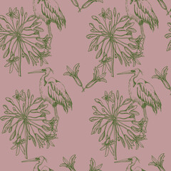 VECTOR ILLUSTRATION SEAMLESS PATTERN,OUTLINE OF A GREEN FLOWER AND HERON ON A GRAY-PINK BACKGROUND,FOR WALLPAPER,FABRIC OR FURNITURE