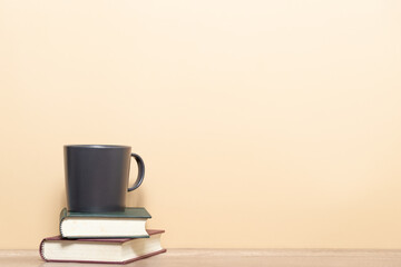 Book and coffee mug with blank copy space.