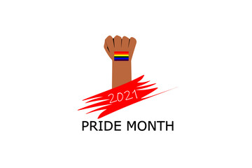 man's hand back side handful with small rainbow sticker on wrist the symbol of LGBQ community  equality movement, and text" 2021 PRIDE MONTH", concept for LGBTQ happy pride month in June