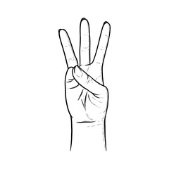 Three raised fingers. Fingers showing number three to express the quantity. Sketch vector illustration isolated in white background