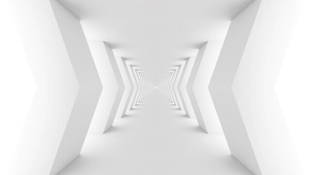Futuristic empty white corridor with walls and bright light. Seamless looping animation
