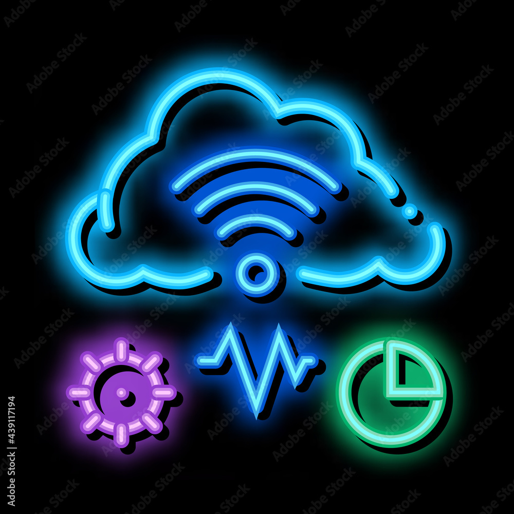 Poster cloud computing and machine learning neon light sign vector. glowing bright icon cloud computing and