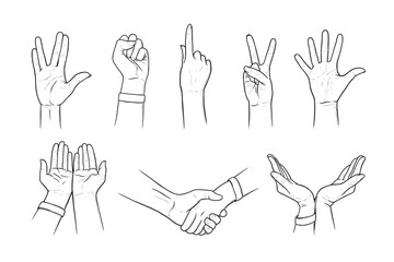 Fototapeta premium Hand gestures of peace, Vulcan greeting and salute. Handshakes, gestures asking for help and care in sketch style. Black vector illustration isolated in white background