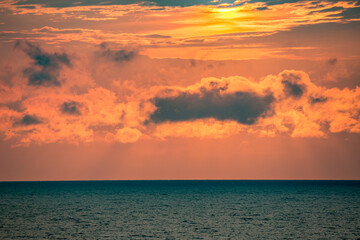 Colorful seascape and cloudscape over morning Black Sea waters, Bulgaria. Minimalistic feel. No people.