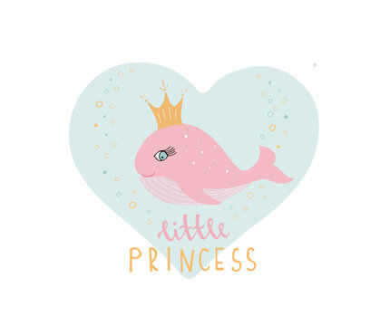Cute pink baby whale in a crown. Little princess text. Kids poster cute character. Flat style in pink, blue, yellow colours.Kids vector cartoon illustration. Baby shower girl. Kids print art.