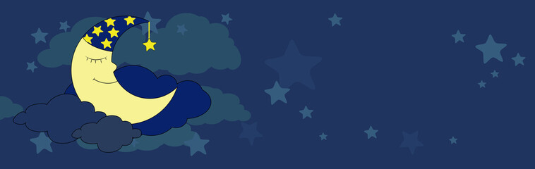 Horizontal banner A moon in a cap smiles and is at night in the clouds and among the stars. World sleep day and the concept of good sleep, fairy dreams, dreams and magic.