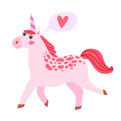Cute cheerful pink unicorn character. Baby vector illustration in cartoon style isolated on white background. Fabulous magical creature element for design, postcards, poster