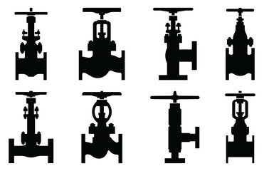 Various types of industrial valves. Flat icons. Silhouette vector