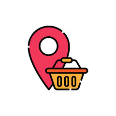 Shopping Cart with Location icon Vector Design. Shopping Cart icon with Location Pin design concept for e-commerce, online store and marketplace website, mobile, logo, symbol, button, sign, App UI