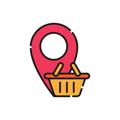 Shopping Cart with Location icon Vector Design. Shopping Cart icon with Location Pin design concept for e-commerce, online store and marketplace website, mobile, logo, symbol, button, sign, App UI