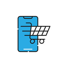 Shopping Cart with mobile phone icon Vector Design. Shopping Cart icon with smartphone design concept for e-commerce, online store and marketplace website, mobile, logo, symbol, button, sign, app UI