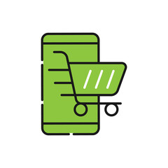 Shopping Cart with mobile phone icon Vector Design. Shopping Cart icon with smartphone design concept for e-commerce, online store and marketplace website, mobile, logo, symbol, button, sign, app UI