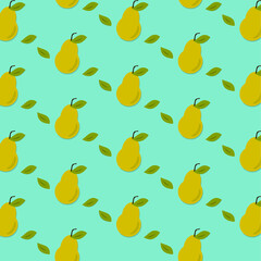 Fruit pattern . Pears on a blue background . Bedclothes . Factory textiles . Style of a summer women's dress . Beach bags . Swimwea  .  Seamless pattern of pears  .