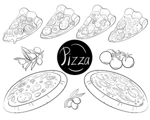Pizza set with olives and tomatoes, Italian food drawing sketch