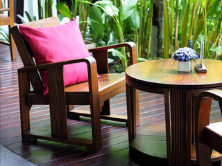 Table and chairs in the garden.  