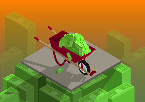 Wheelbarrow Money Cash Pile Inflation Isometric