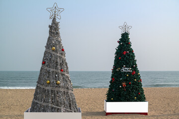 A winter Christmas tree installed on Haeundae Beach in Busan, South Korea.