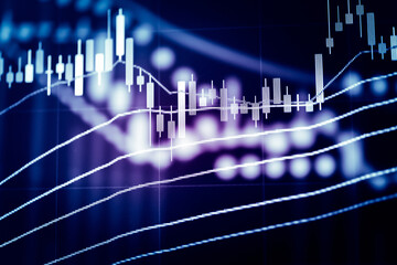 Candlestick chart in financial stock market on digital number background. Forex trading graphic design and Stock market trading trend as concept.	