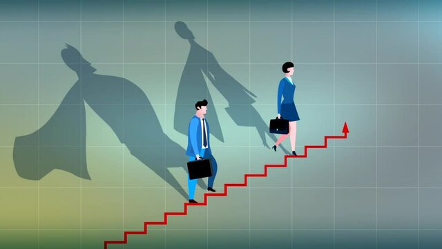 Cartoon businessman and businesswoman with super hero shadow going up the chart graph stairs animation. Business metaphor of progress, success, career advancement, climbing up career ladder or stairs.