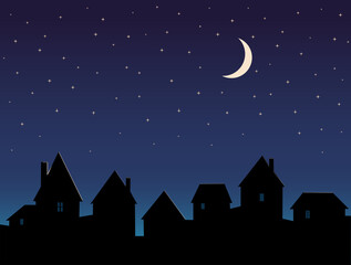 Obraz na płótnie Canvas Silhouette City Night Sky Stars and Moon