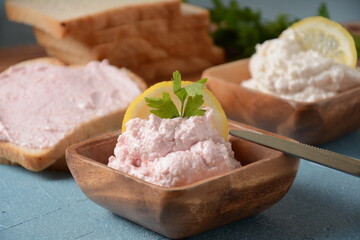 Taramosalata Greek spread Paste (pate) made of ground fish, shrimps, and caviar, served with lemon. Fish Egg Paste Tarama (white and rose), popular Israeli snack.