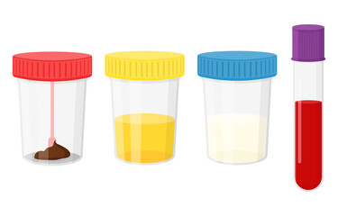 Laboratory tests. Test urine, feces, semen, and blood in plastic jars with colored lids