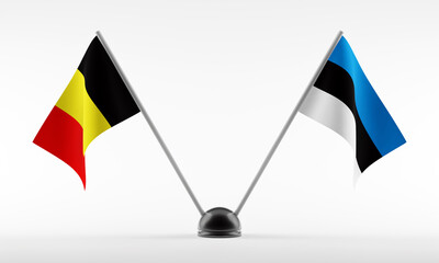 Stand with two national flags. Flags of Belgium and Estonia. Isolated on a white background. 3d rendering