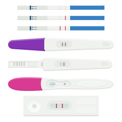 Pregnancy test. Plastic and paper tests. Female negative or positive test, good ovulation, female healthcare, vector flat design