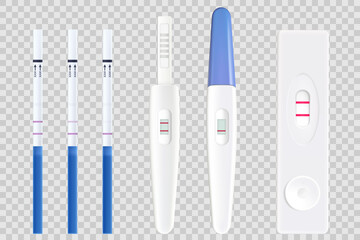 Pregnancy test. Plastic and paper tests. Female negative or positive test, good ovulation, female healthcare, vector 3D realistic pictures.