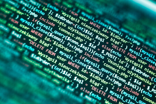 PHP code on computer screen. Software development abstract background. Green color. Search job or abstract course template for programming
