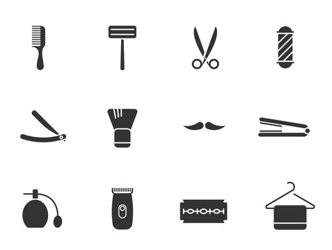 barber shop glyph vector icons isolated on white. hairdressing saloon icon set for web, mobile apps, ui design and print
