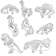 Set Dinosaur skeleton in cartoon style. The bones of a prehistoric animal. Archeology. Black and white Vector illustration isolated on white background. © Oksana