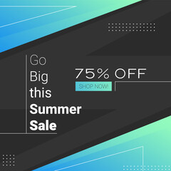 trendy memphis design square banner 75 percent off discount. go big this summer sale lettering for social media post, online stores, web internet ads. cyan gradient promotional business illustration